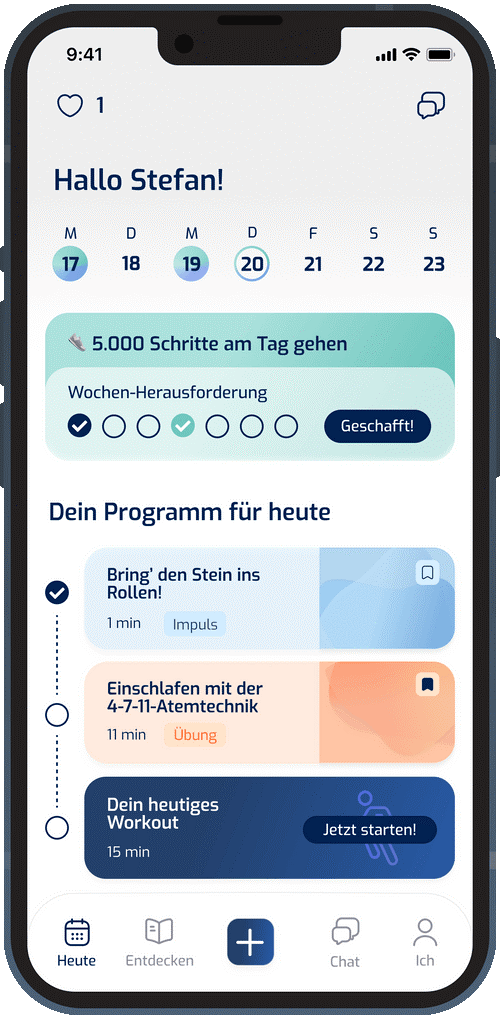 Ausschnitt aus der Mio Health App: Hallo Stefan!; 5.000 Schritte am Tag gehen; Dein Programm für heute: Bring' den Stein ins Rollen!; Einschlafen mit der 4-7-11-Atemtechnik; Dein heutiges Workout - Jetzt starten!