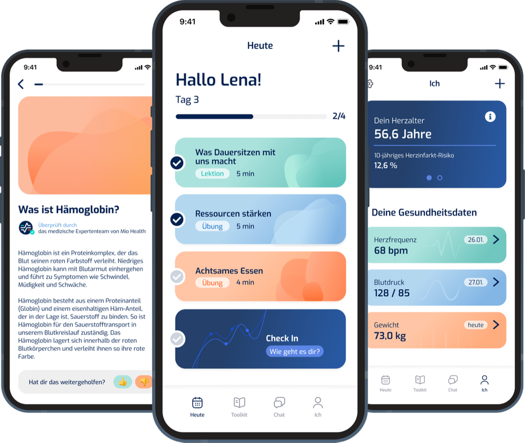 Ausschnitte aus der Mio Health App: Hallo Lena!; Tag 3; Was Dauersitzen mit uns macht; Ressourcen stärken; Achtsames Essen; Check In: Wie geht es dir?