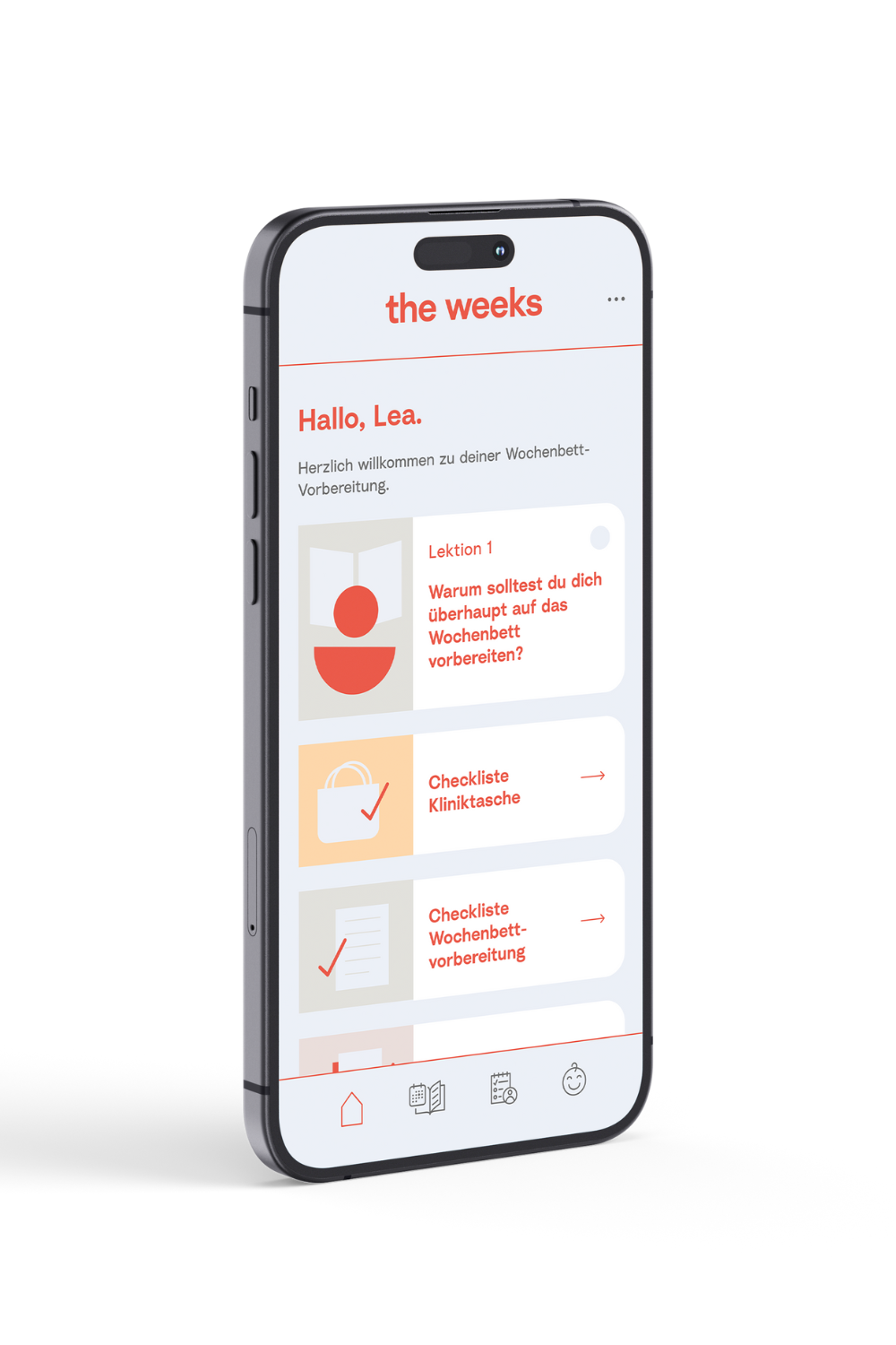 Screenshot der App "the weeks": Hallo Lea, Herzlich willkommen zu deiner Wochenbett-Vorbereitung